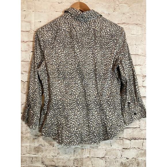 Talbots Top Womens 14 Petite Cheetah Leopard Button Up Cotton Stretch Career - Picture 10 of 12